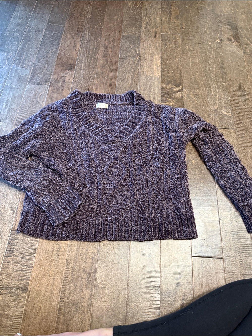 Altar’d State V-Neck Cable Knit Sweater in Deep Plum